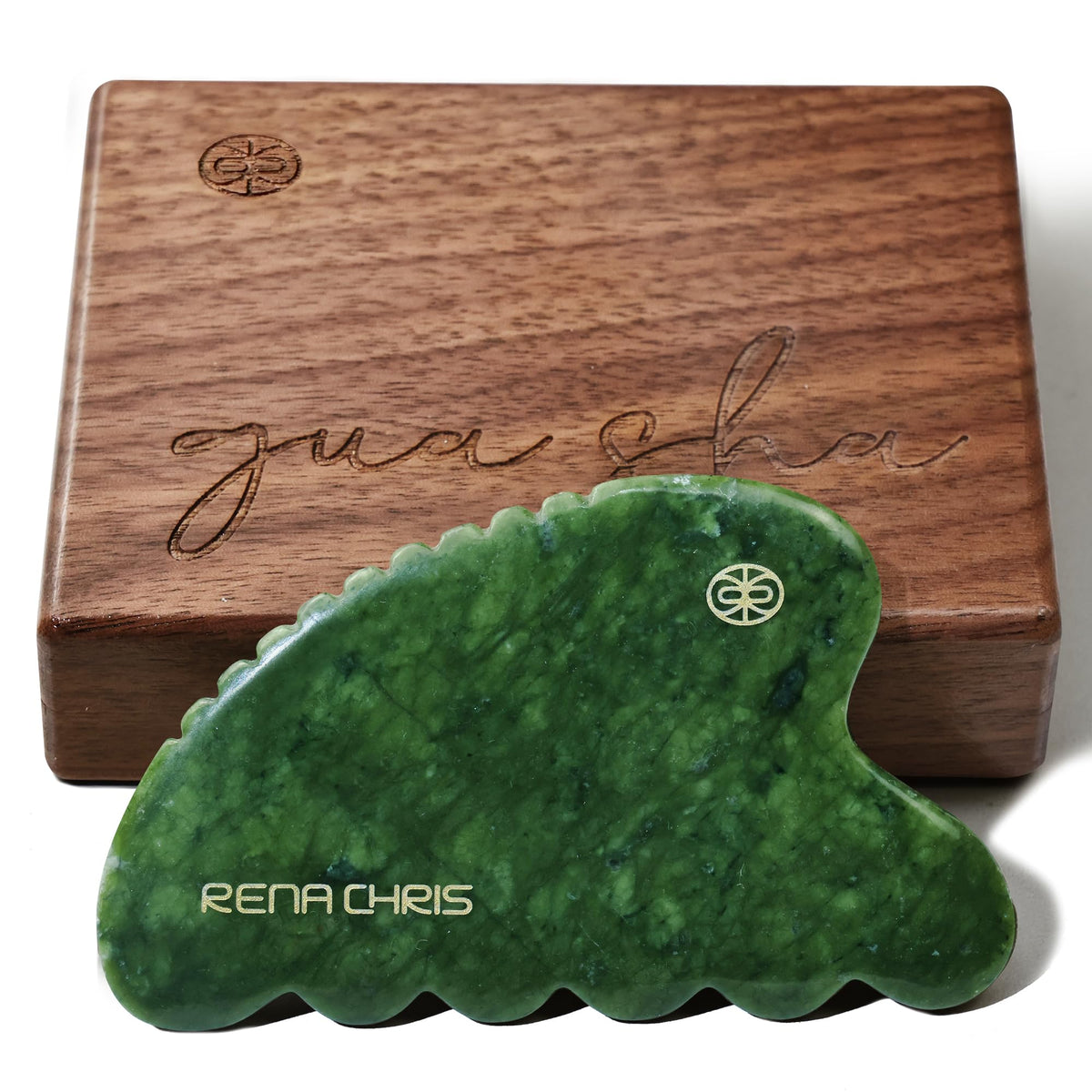 Rena Chris Gua Sha face tool jade stone for facial contouring and relaxation.