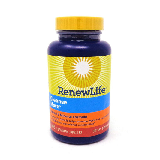 Renew Life Cleanse More bottle front showing capsules for overnight relief