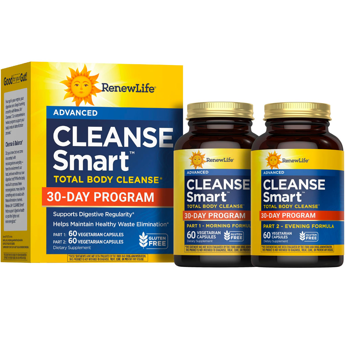 Renew Life Cleanse Smart advanced total body program bottle front view showing packaging.