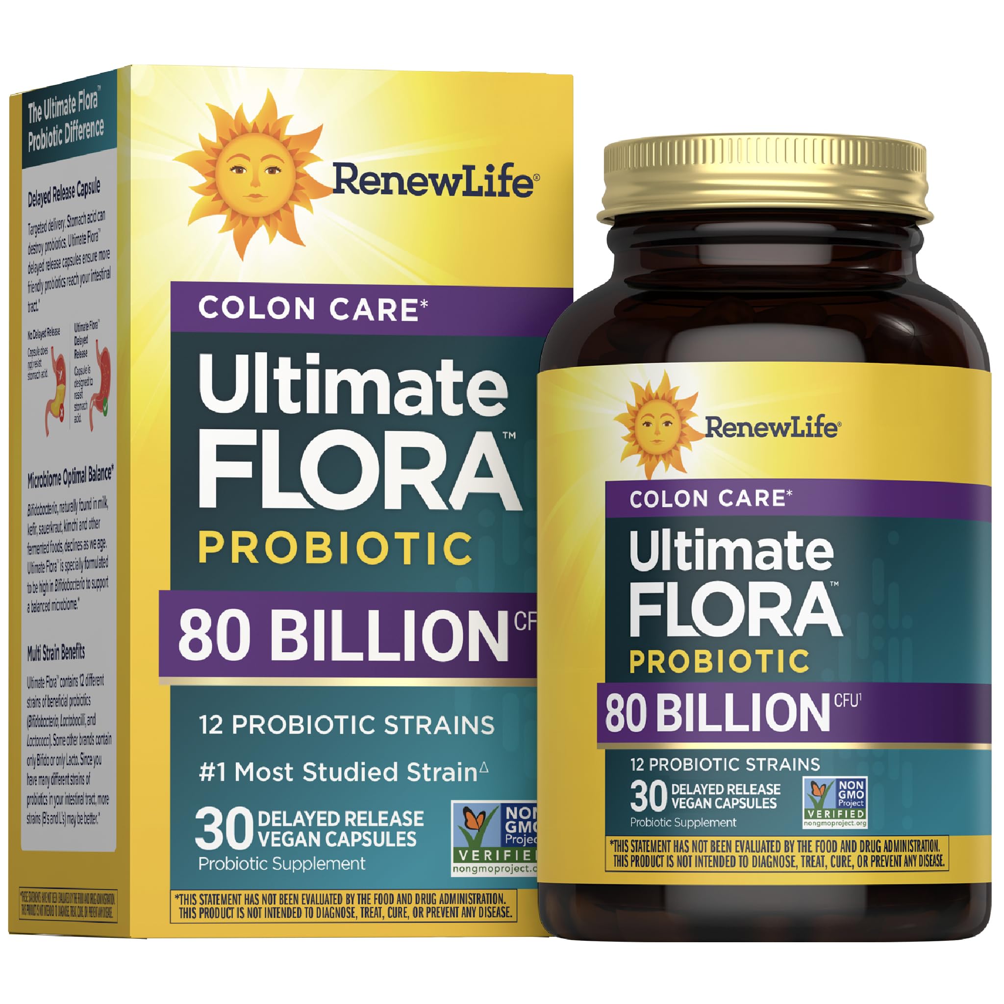 Renew Life Colon Care bottle front shows 80B CFU and 12 strains for daily support.