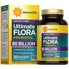 Renew Life Colon Care bottle front shows 80B CFU and 12 strains for daily support.