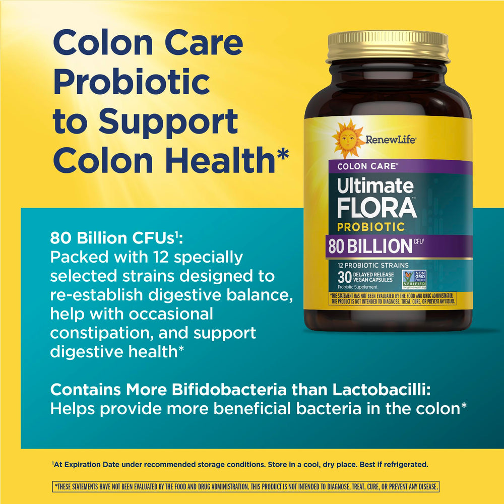 Renew Life Colon Care label detail highlights L. rhamnosus GG among strains.