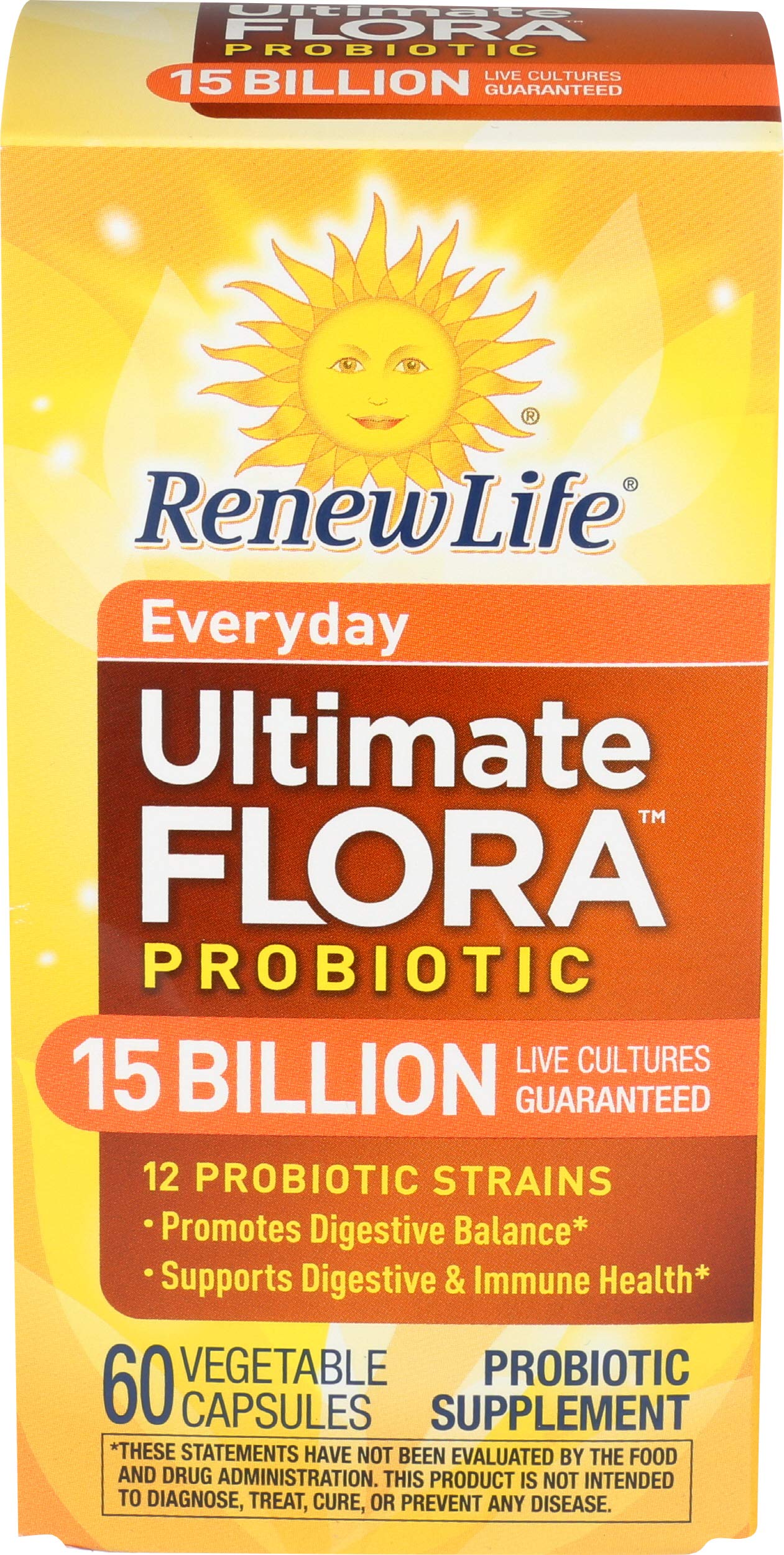 Renew Life Everyday Probiotic 60-count bottle front showing easy daily capsules for digestive and immune support.