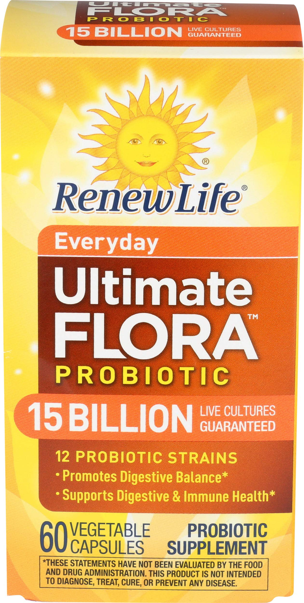 Renew Life Everyday Probiotic 60-count bottle front showing easy daily capsules for digestive and immune support.