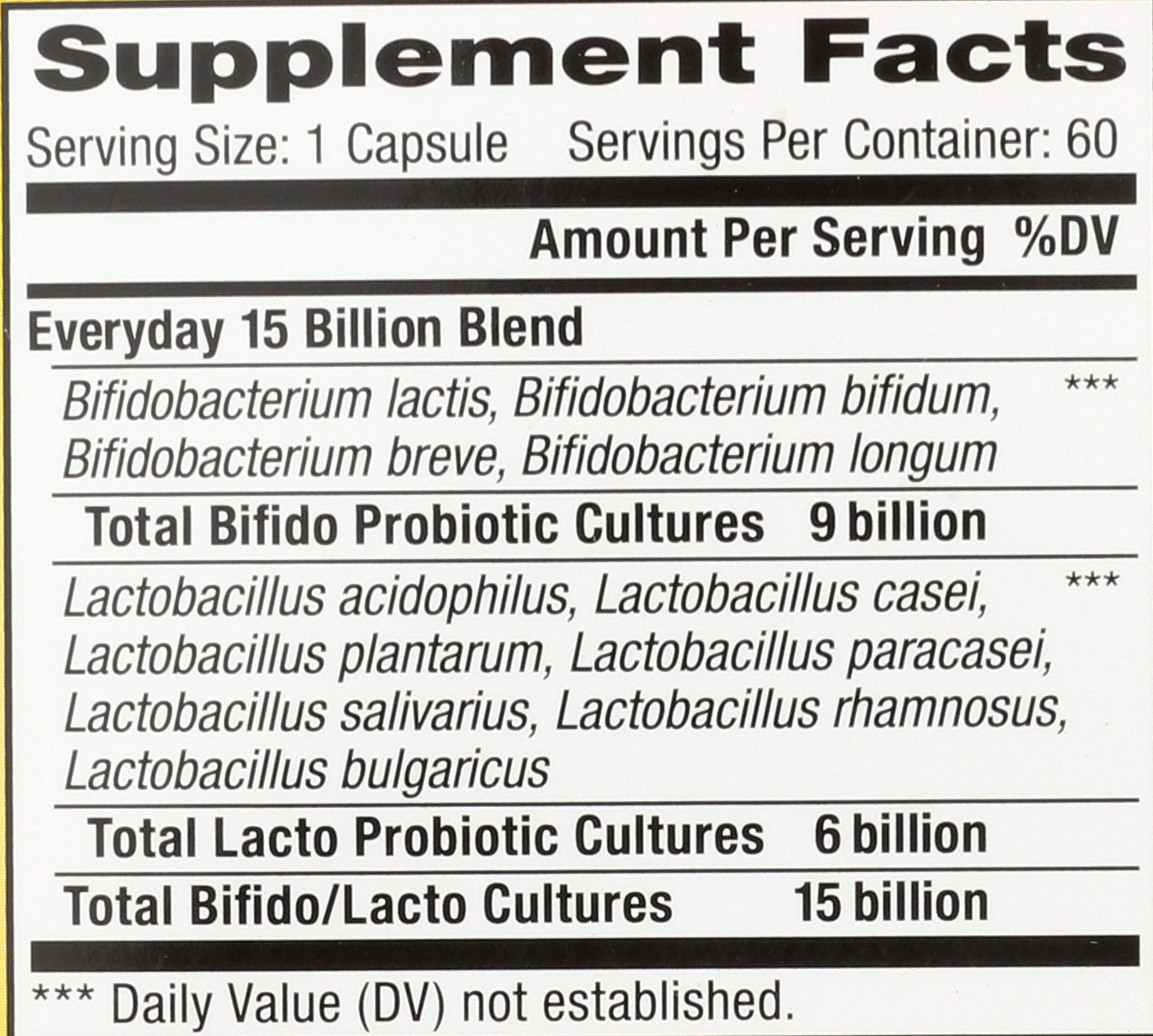 Bottle of Renew Life Everyday Probiotic with label highlighting probiotic blend.
