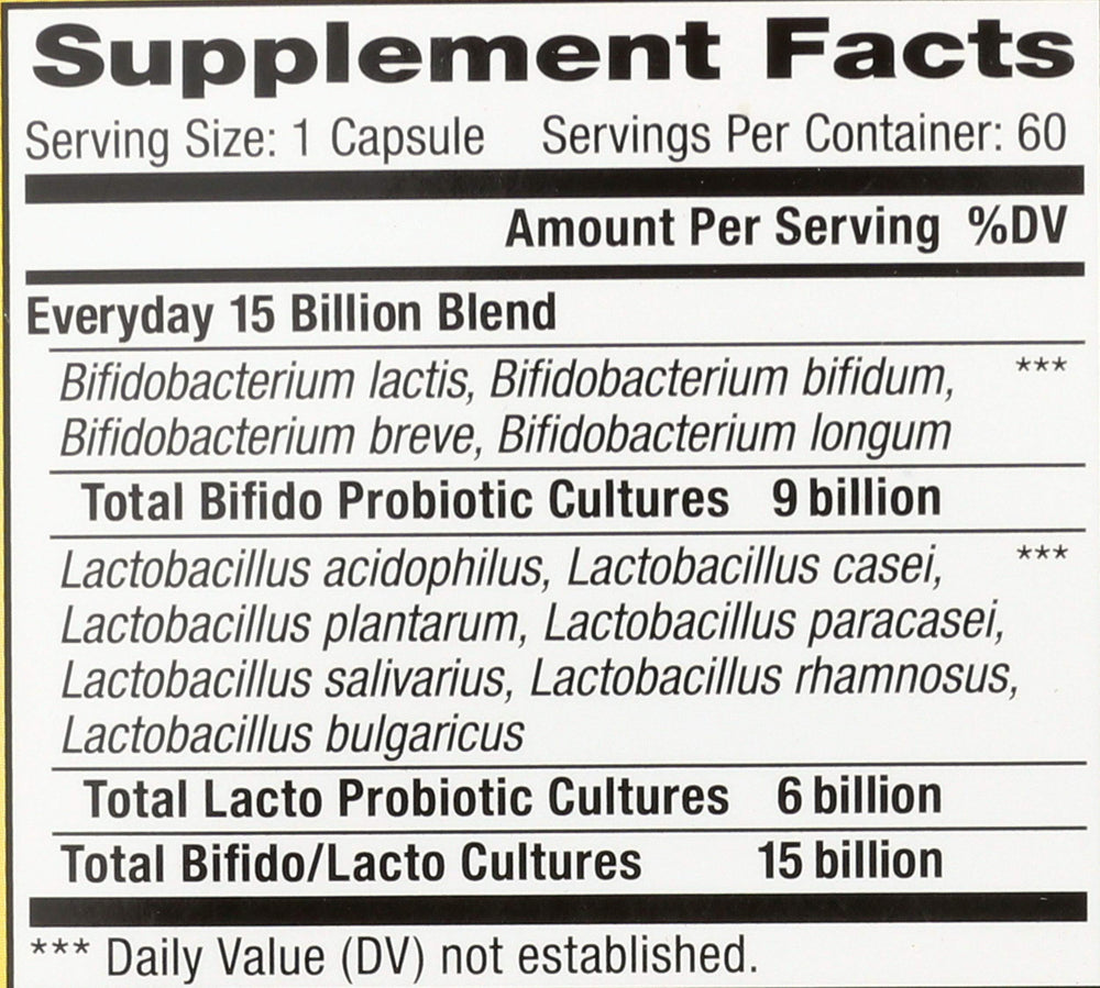 Bottle of Renew Life Everyday Probiotic with label highlighting probiotic blend.