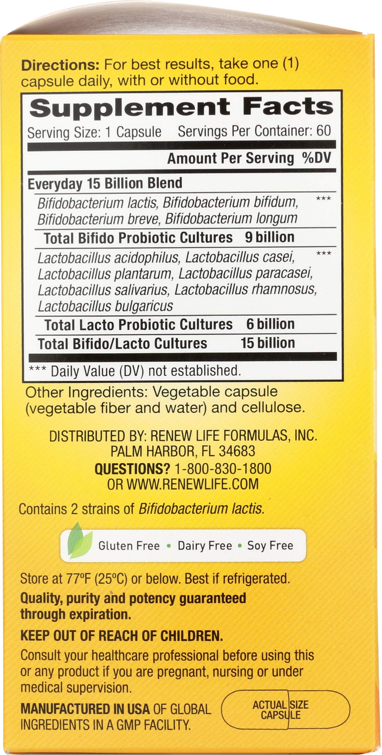 Non-GMO, gluten-free, dairy-free Renew Life Everyday Probiotic label shown.