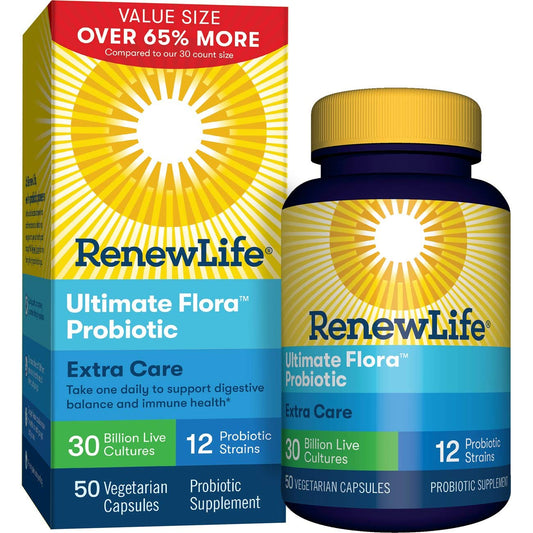 Renew Life Extra Care bottle front shows branding and capsules for digestive support.