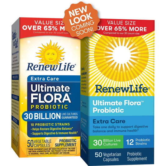 Renew Life Extra Care capsules close-up highlighting easy-to-swallow design for daily use.