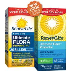 Renew Life Extra Care capsules close-up highlighting easy-to-swallow design for daily use.