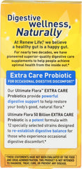 Renew Life Extra Care Digestive Probiotic bottle back details capsule counts and ingredients for transparency