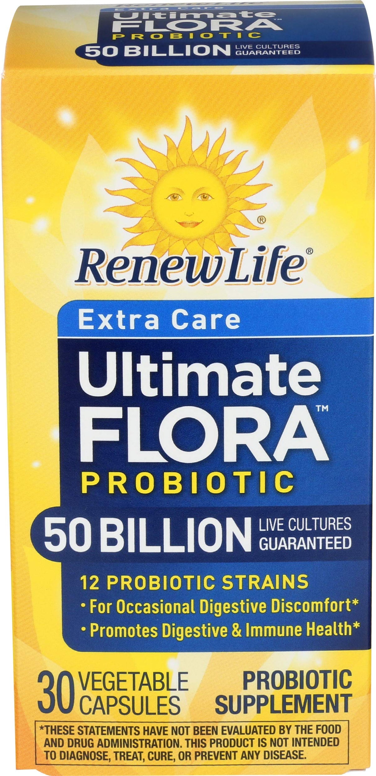 Renew Life Extra Care Digestive Probiotic bottle front shows 50B cultures for daily gut support