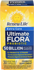 Renew Life Extra Care Digestive Probiotic bottle front shows 50B cultures for daily gut support