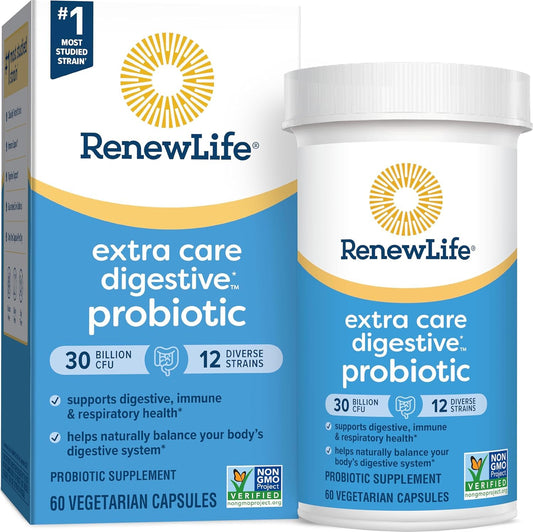 Renew Life Extra Care Probiotic bottle with 60 capsules supports digestive and immune health.