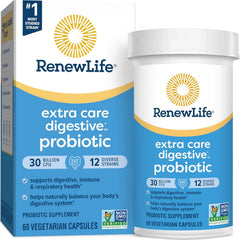 Renew Life Extra Care Probiotic bottle with 60 capsules supports digestive and immune health.