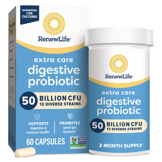 Renew Life Extra Care probiotic bottle front showing 50 billion CFU per serving for daily digestive support.