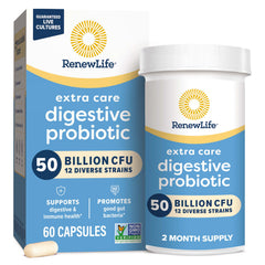 Renew Life Extra Care probiotic bottle front showing 50 billion CFU per serving for daily digestive support.