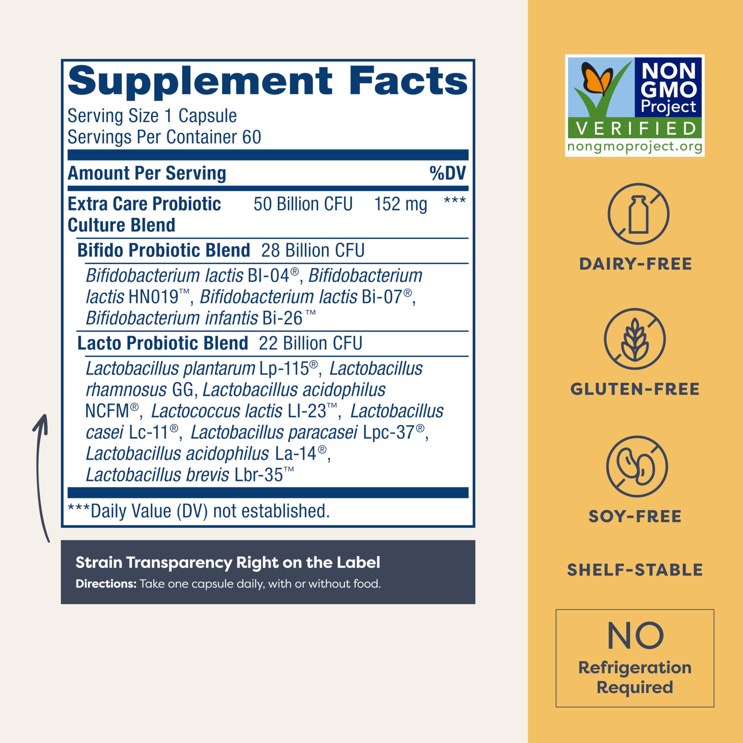Renew Life Extra Care probiotic capsules close-up highlighting tiny, easy-to-swallow softgels for daily use.