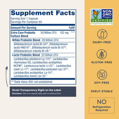 Renew Life Extra Care probiotic capsules close-up highlighting tiny, easy-to-swallow softgels for daily use.