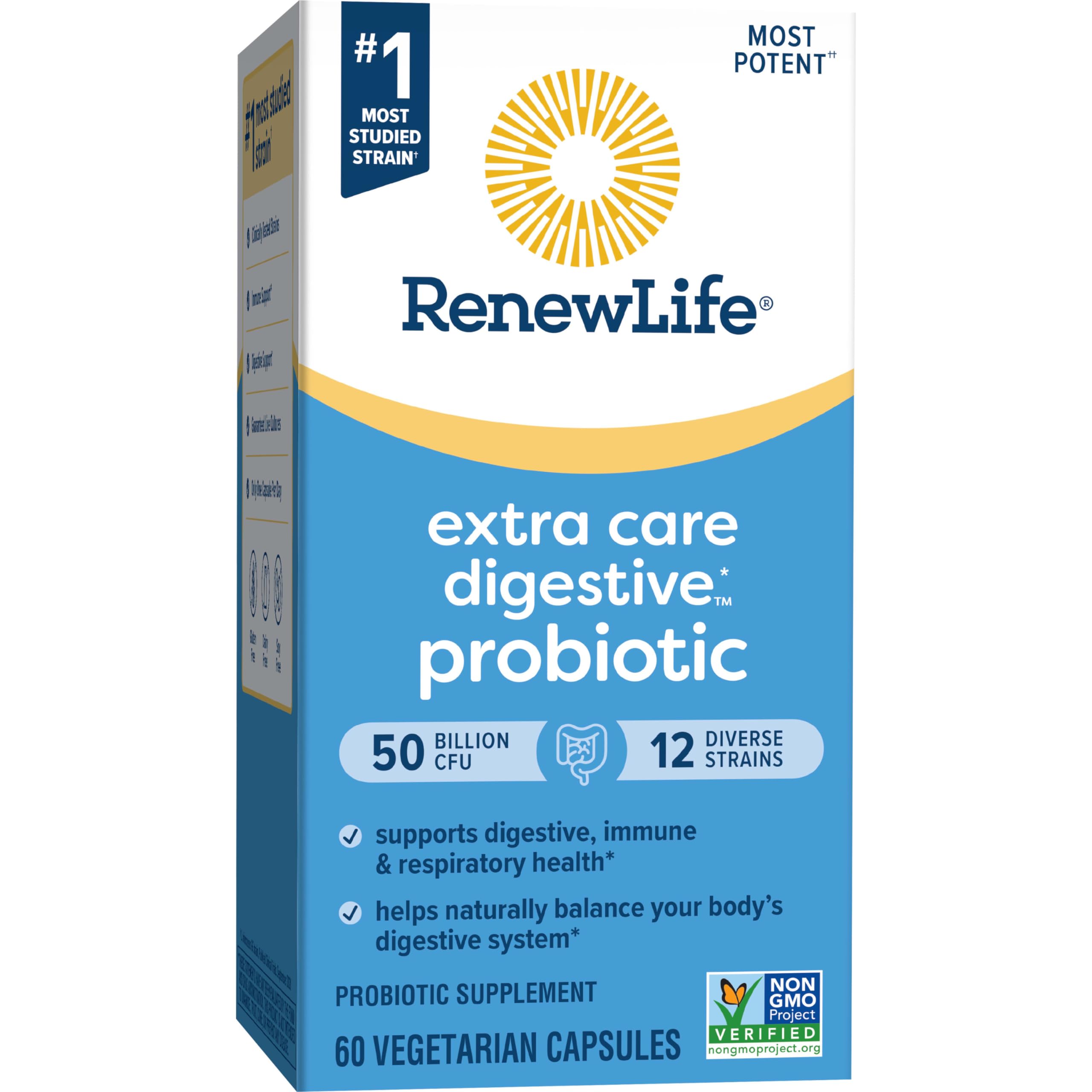 Renew Life Extra Care probiotic bottle with L. rhamnosus GG label detail.