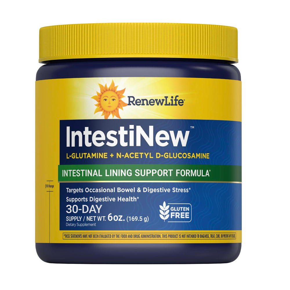 Renew Life IntestiNew powder bottle, gut support formula for daily digestive harmony.