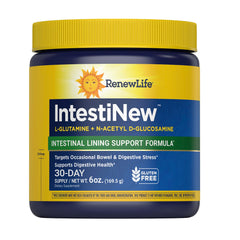 Renew Life IntestiNew powder bottle, gut support formula for daily digestive harmony.