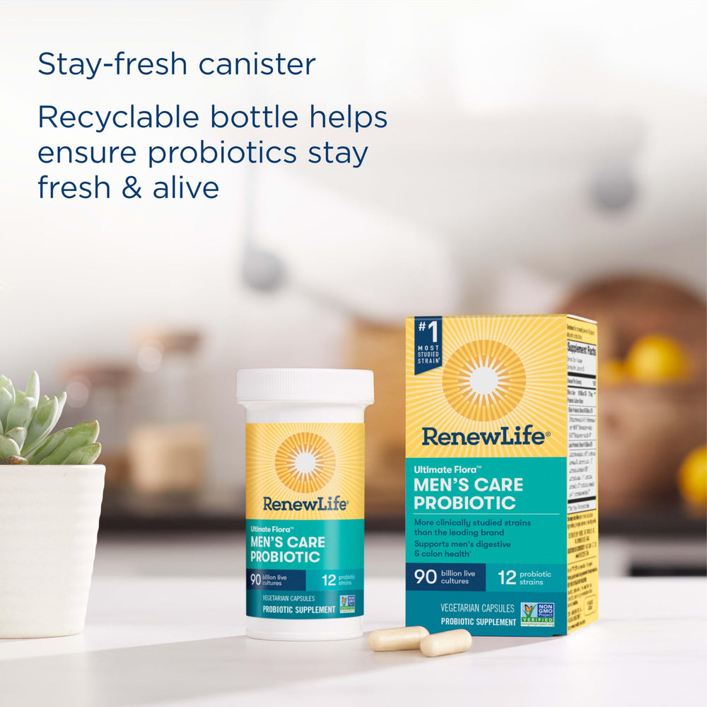 Renew Life probiotic bottle on shelf highlighting Non-GMO and purity