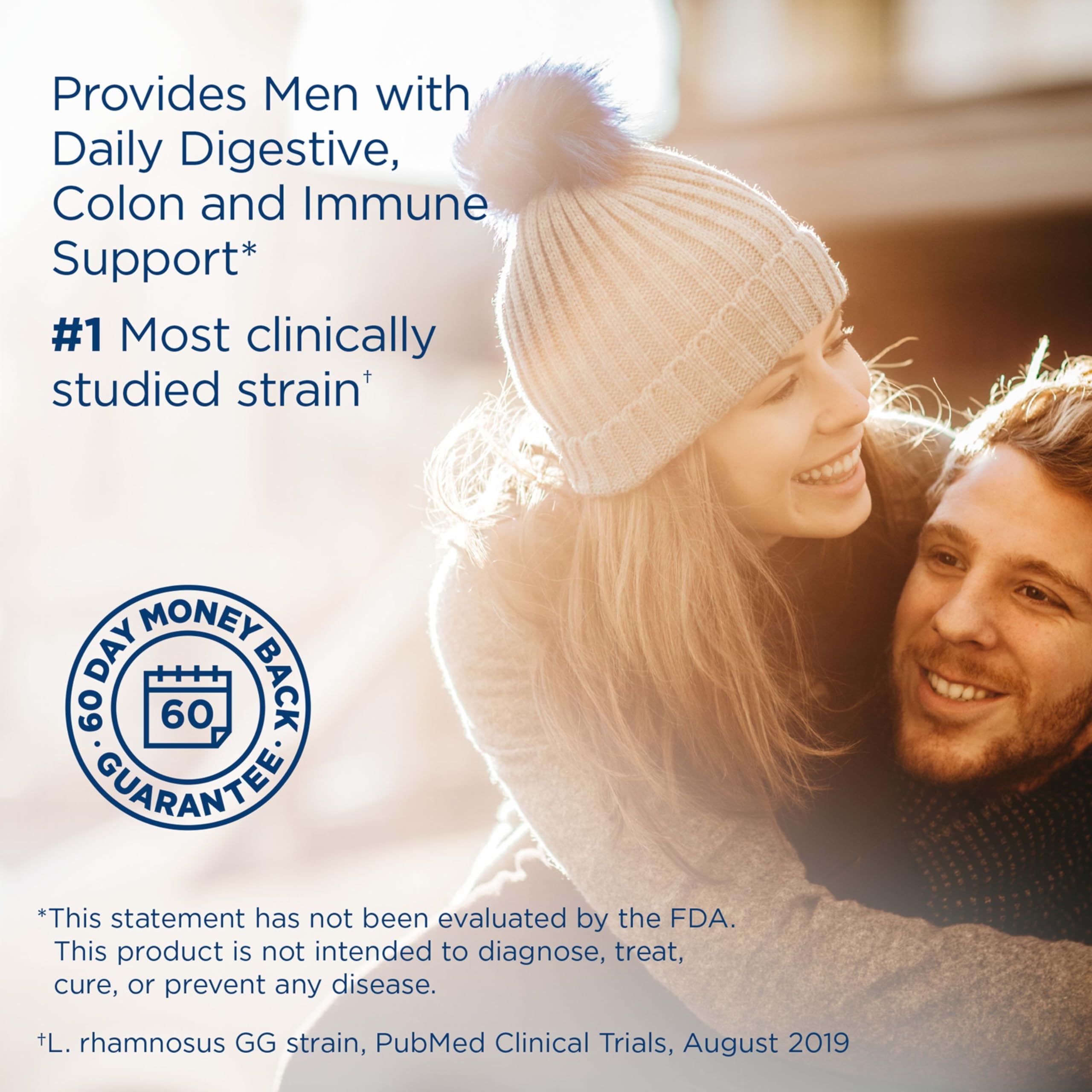 Closeup of Renew Life Men's Care capsules showing dairy-free and gluten-free formula