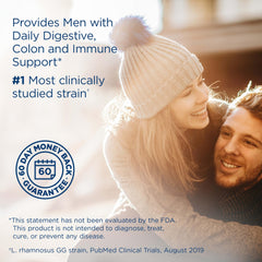 Closeup of Renew Life Men's Care capsules showing dairy-free and gluten-free formula