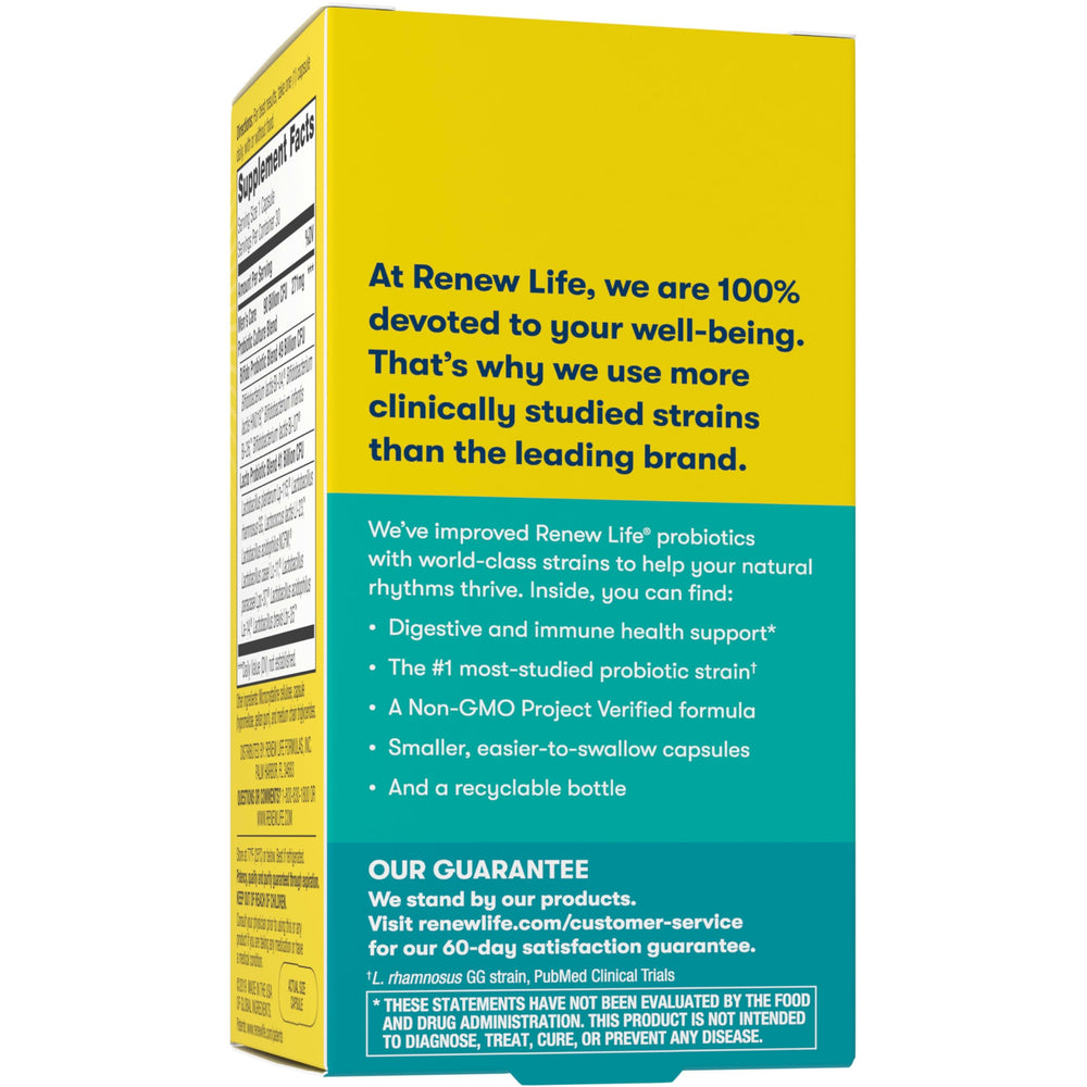 Glass bottle mockup with Renew Life label and 30-count supply