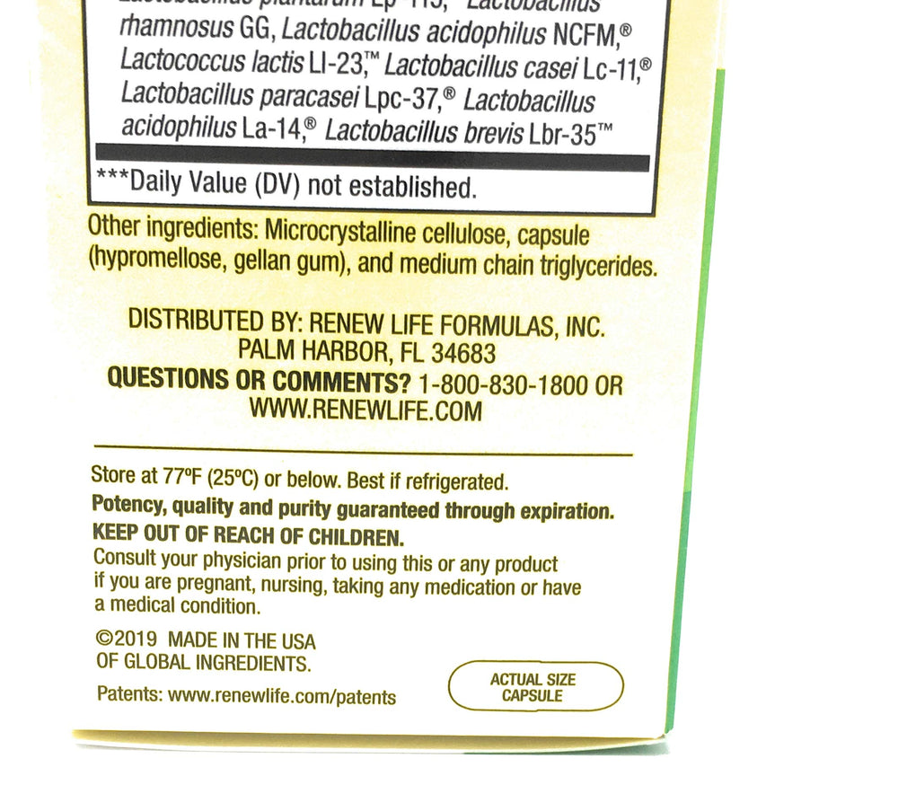 Renew Life Ultimate Flora 50+ bottle label close-up for seniors' digestive support.