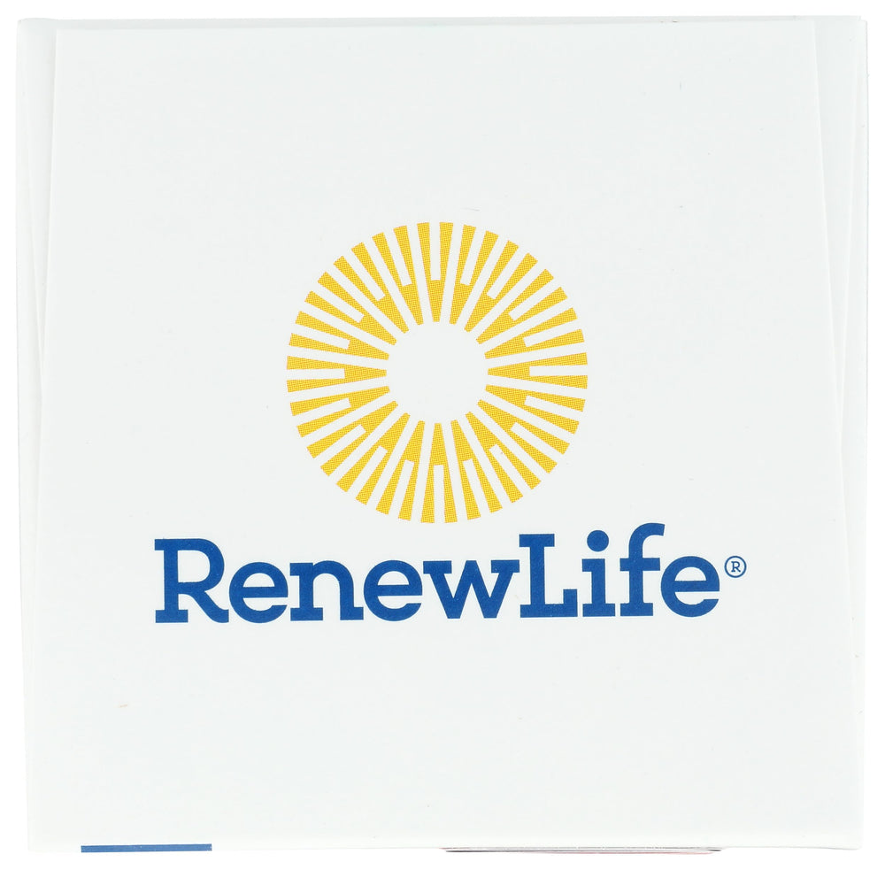 Renew Life bottle on travel-friendly packaging for on-the-go routines.