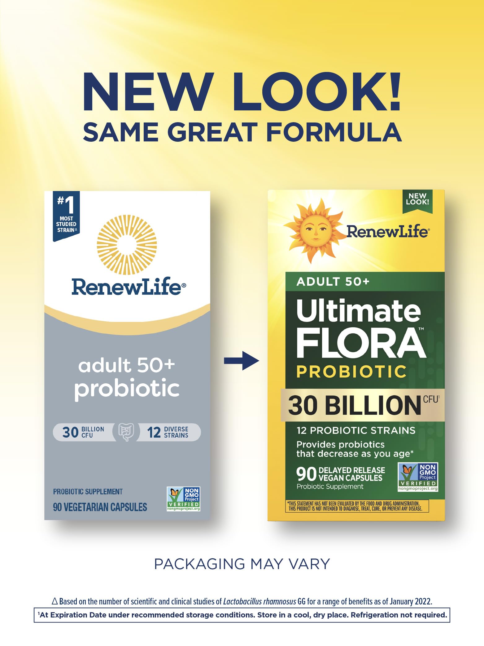 Renew Life Probiotic Adult 50 Plus bottle front label highlights 30 billion CFU potency