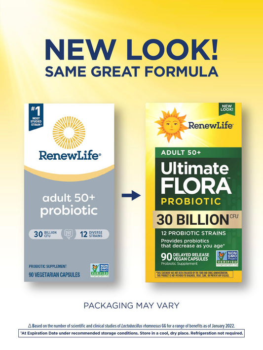 Renew Life Probiotic Adult 50 Plus bottle front label highlights 30 billion CFU potency
