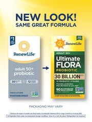 Renew Life Probiotic Adult 50 Plus bottle front label highlights 30 billion CFU potency
