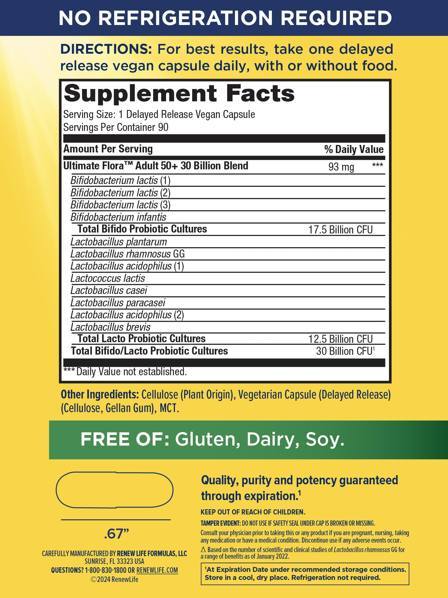 Renew Life Probiotic Adult 50 Plus capsules close-up shows delayed-release design for gut delivery