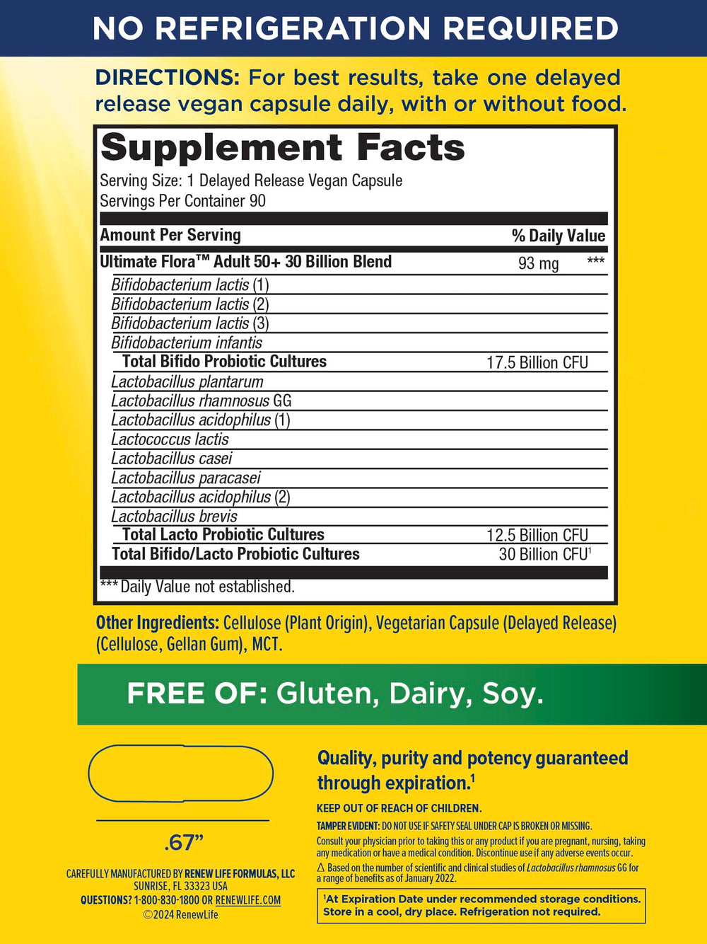 Renew Life Probiotic Adult 50 Plus capsules close-up shows delayed-release design for gut delivery