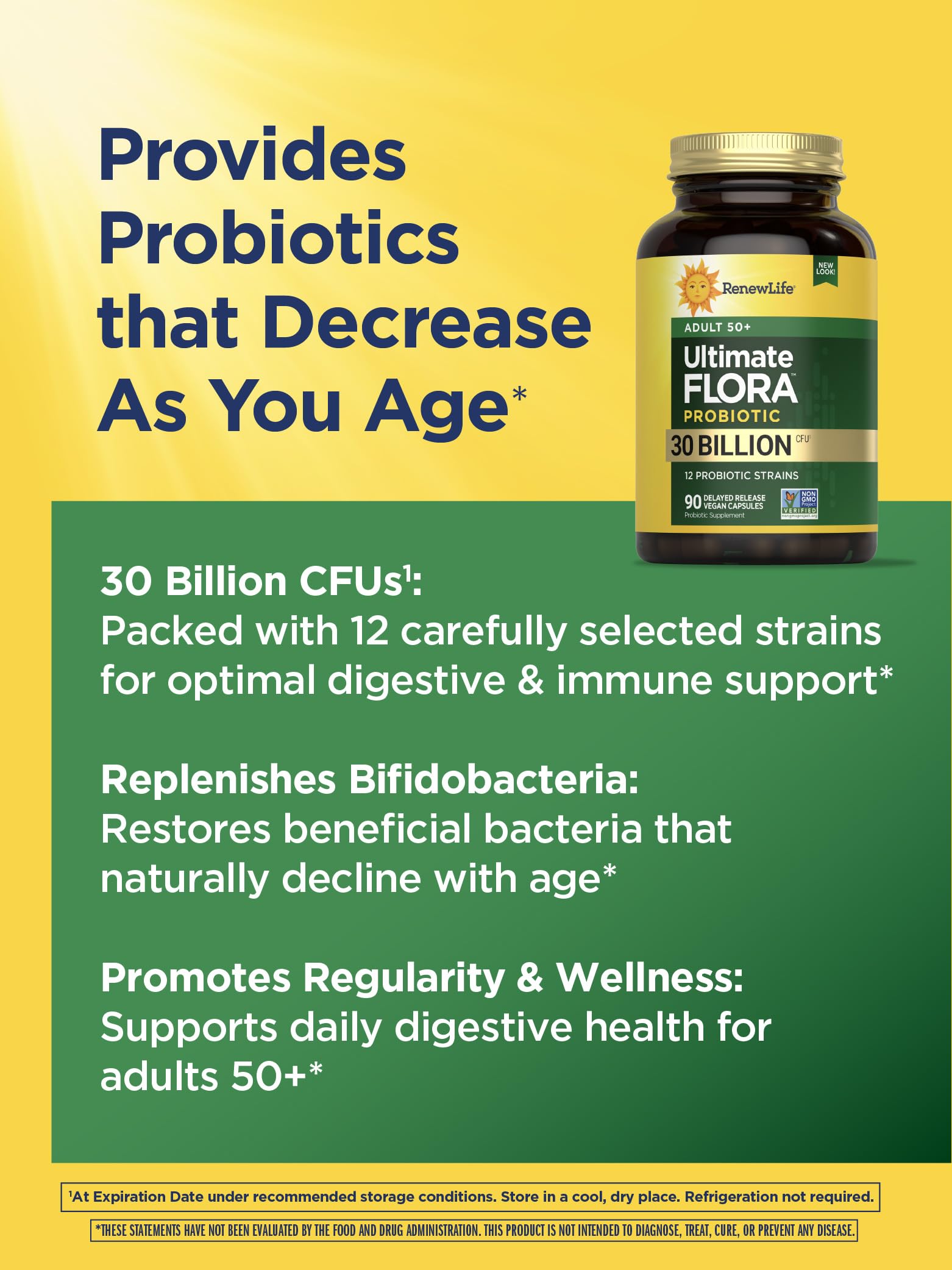 Renew Life Probiotic Adult 50 Plus fridge storage image suggests potency maintenance