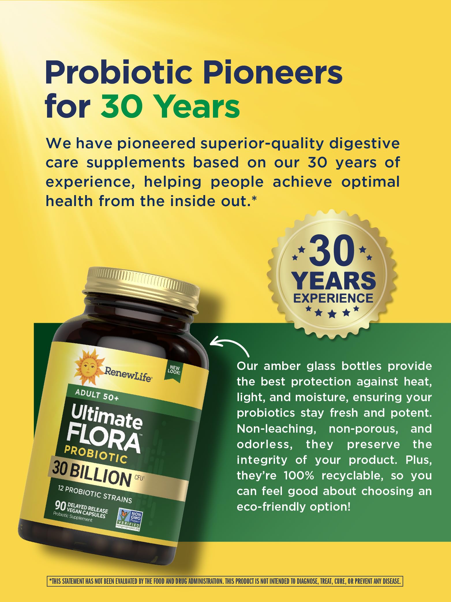 Renew Life Probiotic Adult 50 Plus vegan non-GMO icons emphasize clean ingredients