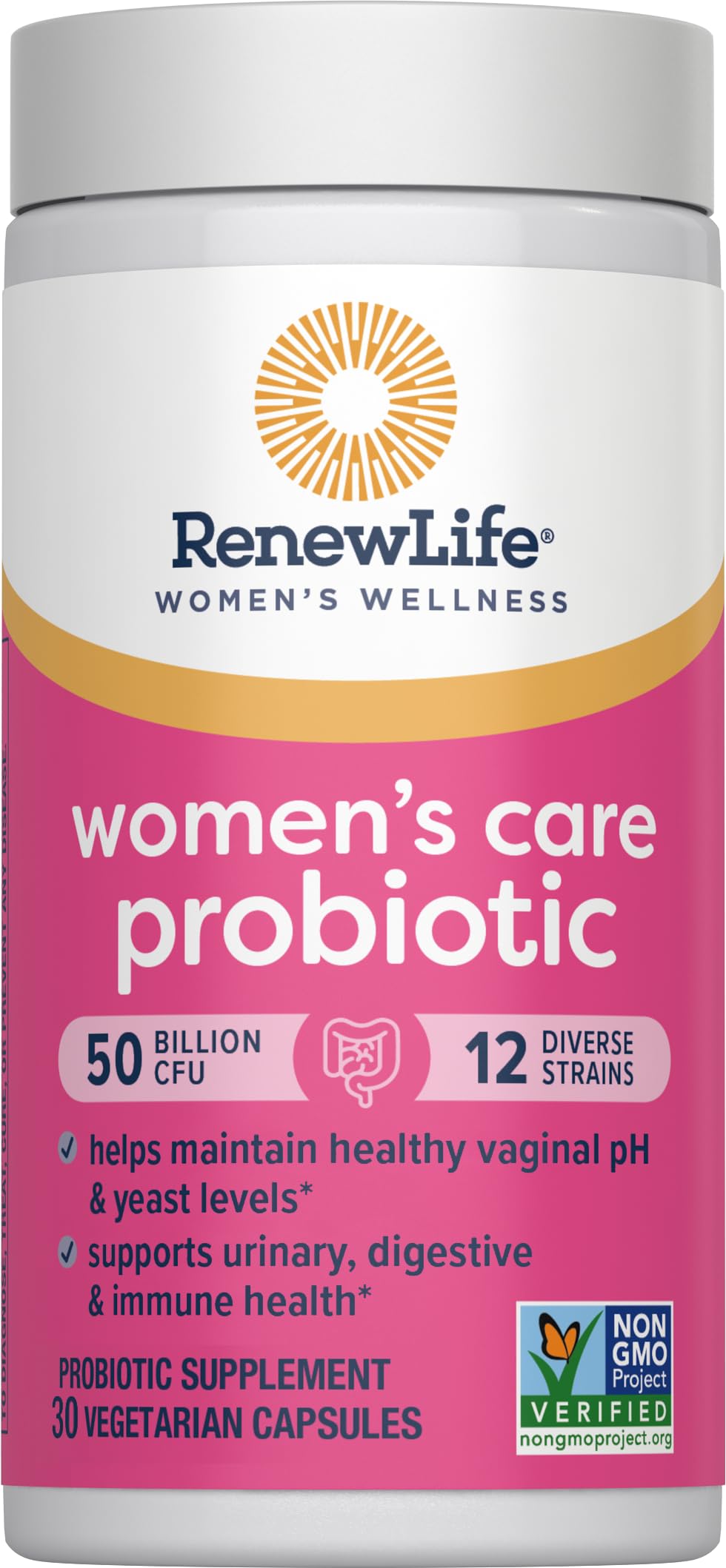 Stay-fresh bottle labeling from Renew Life conveys potency and daily usability.