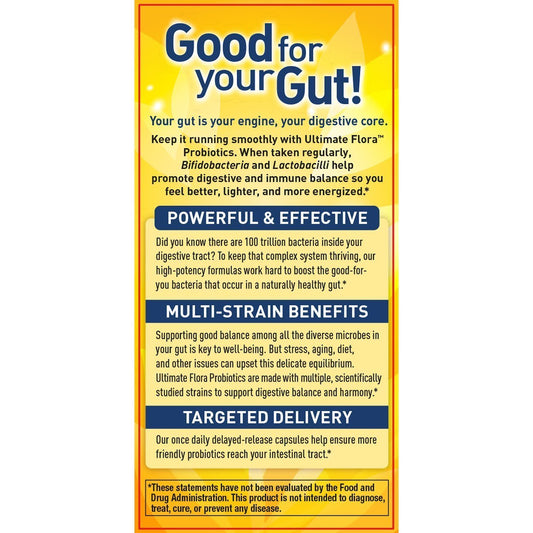 Renew Life Ultimate Care Probiotic bottle showing 12 diverse strains for immune health.