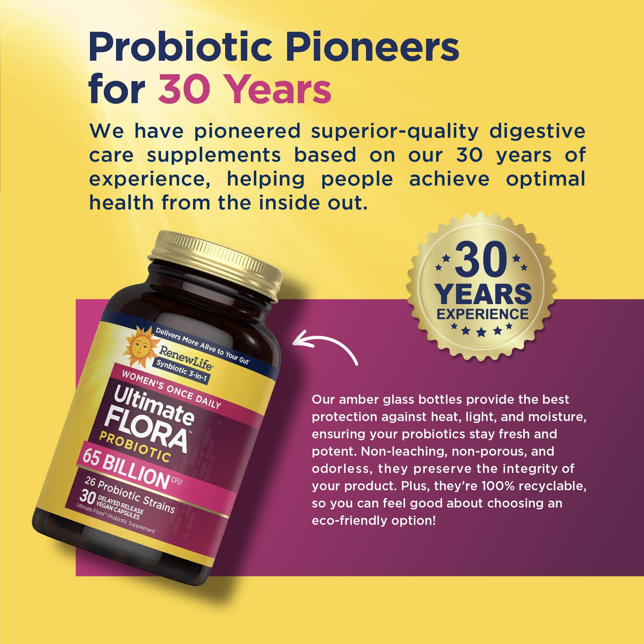 Renew Life Ultimate Flora 26 strains graphic shows synbiotic 3-in-1 concept.