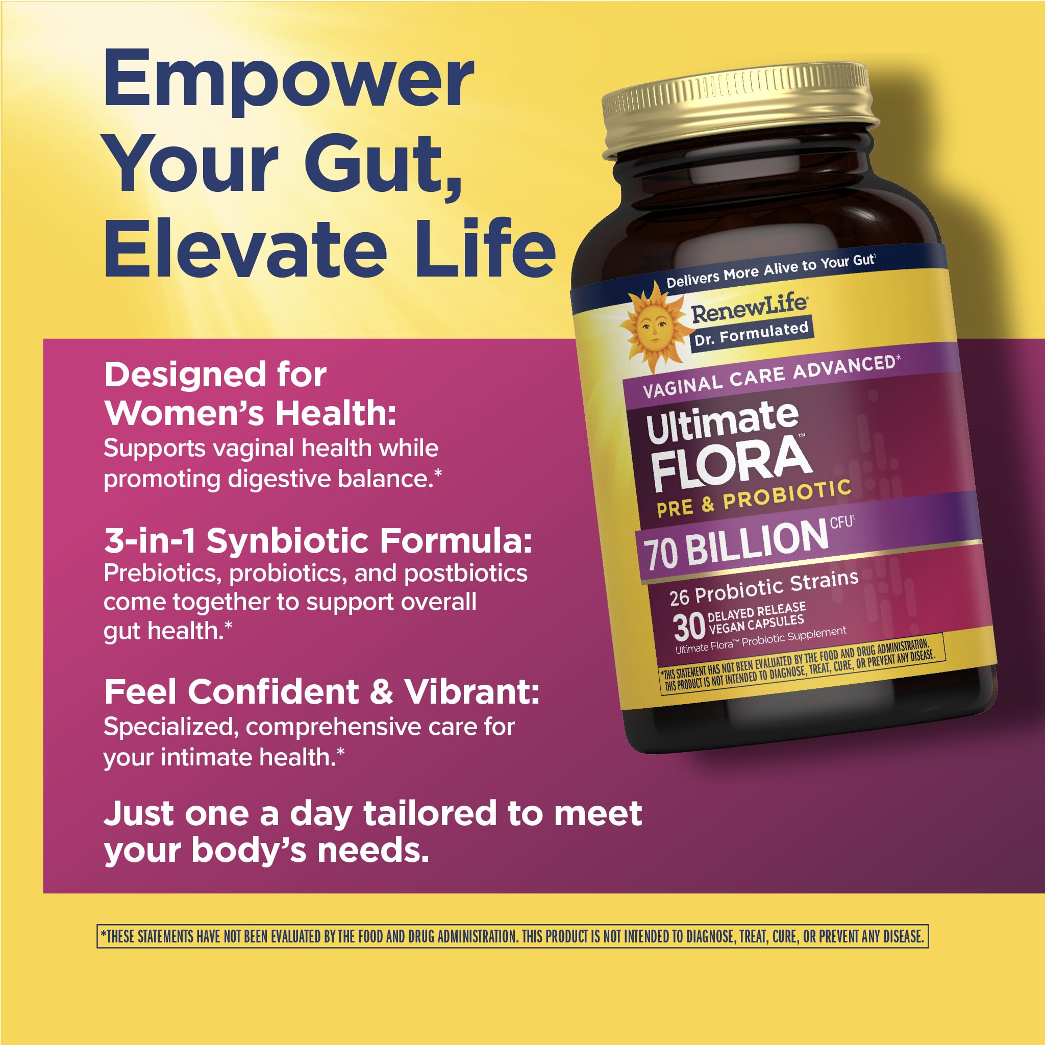 Renew Life Ultimate Flora dairy-free gluten-free capsules for sensitive diets.
