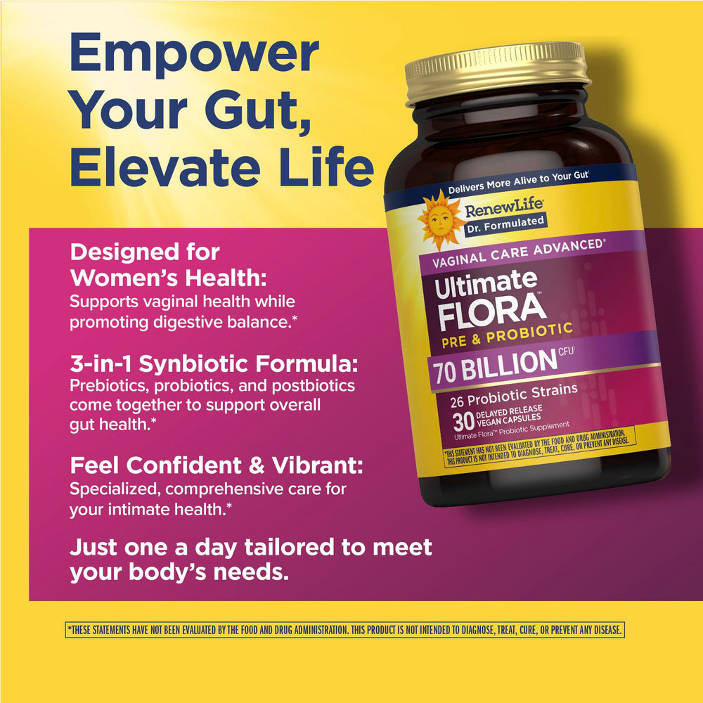 Renew Life Ultimate Flora dairy-free gluten-free capsules for sensitive diets.