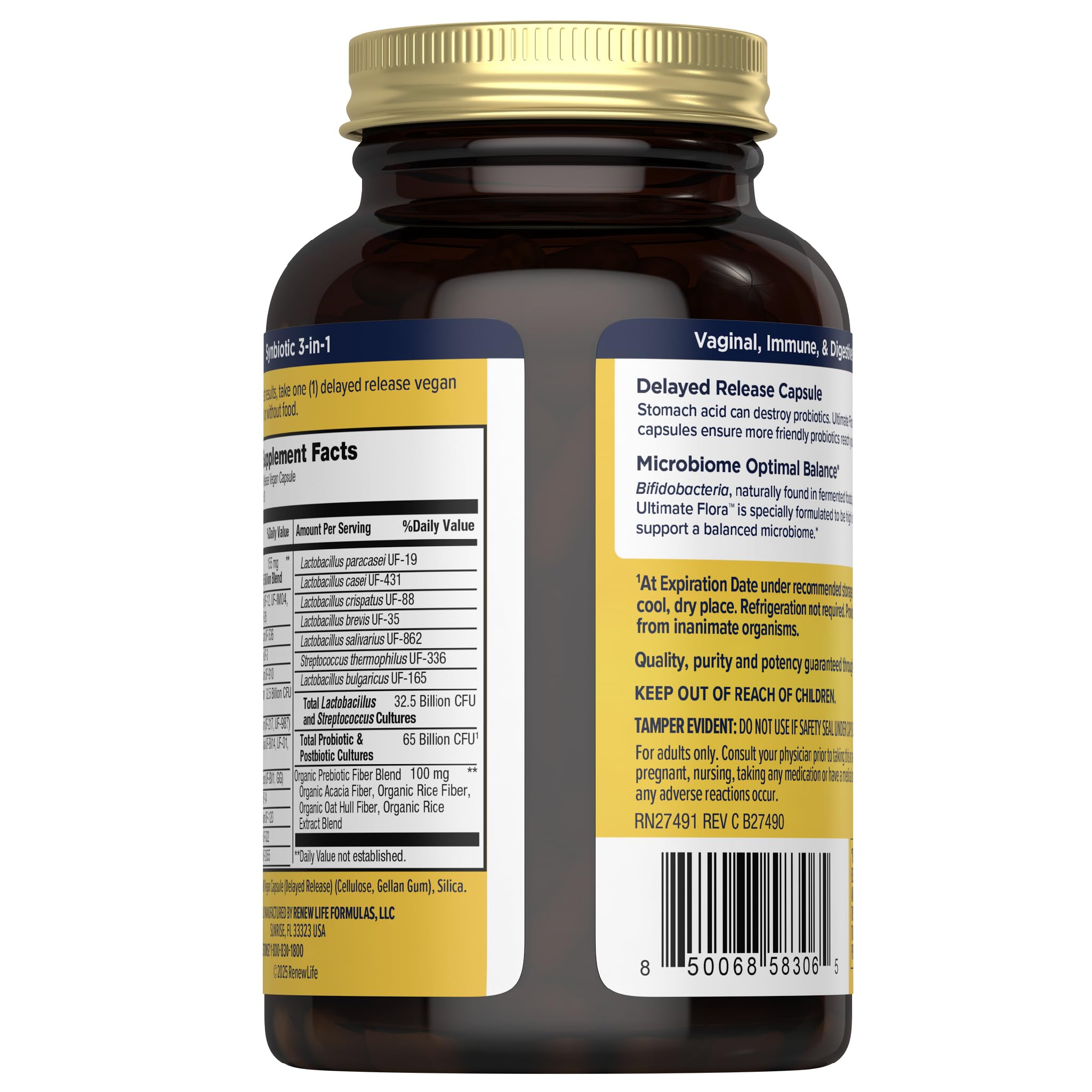 Renew Life Ultimate Flora delayed-release capsules demonstrate acid-resistant design for gut-targeted delivery.