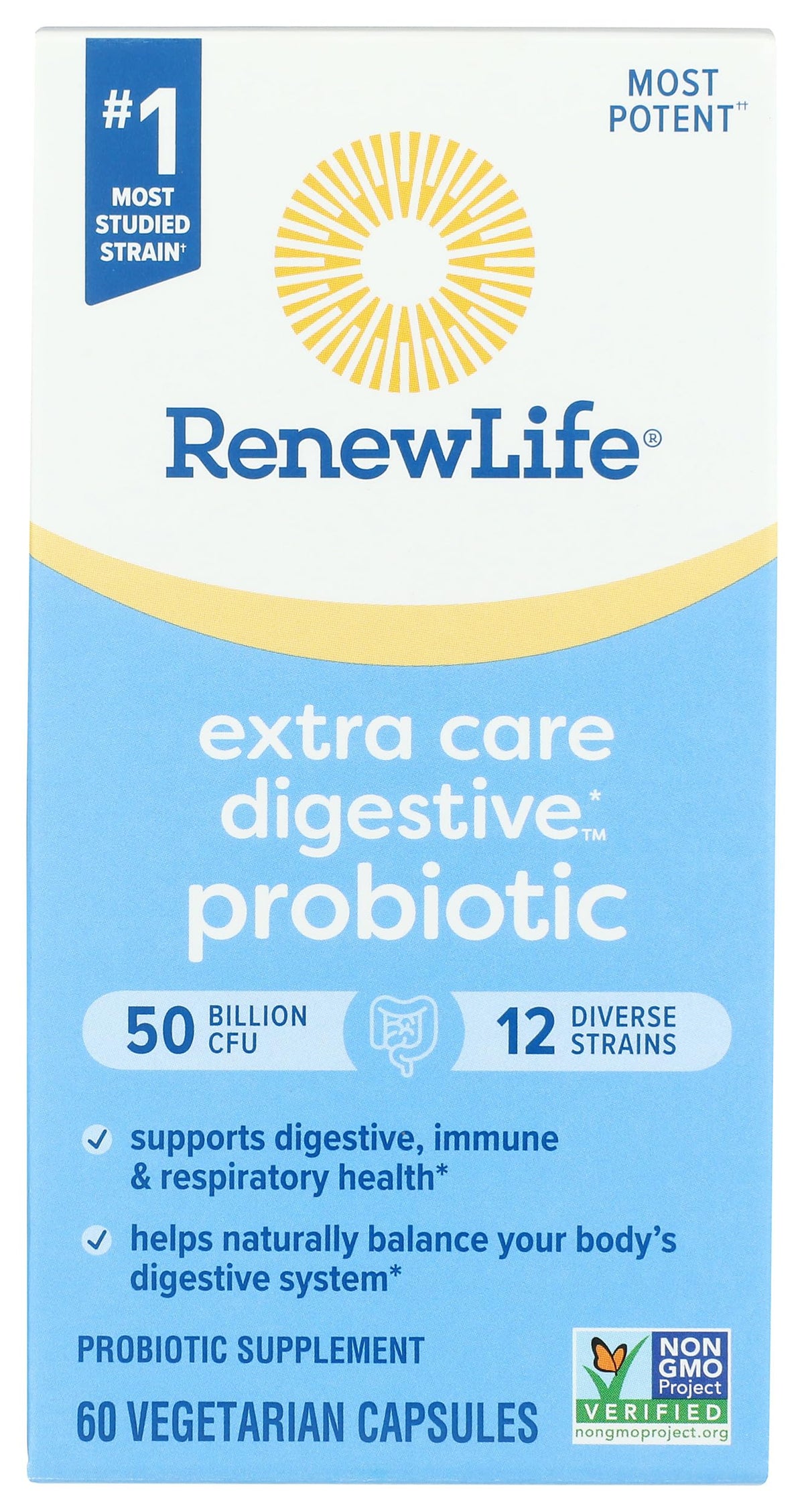 Renew Life Ultimate Flora bottle front with 50 billion CFU capsules for daily use.