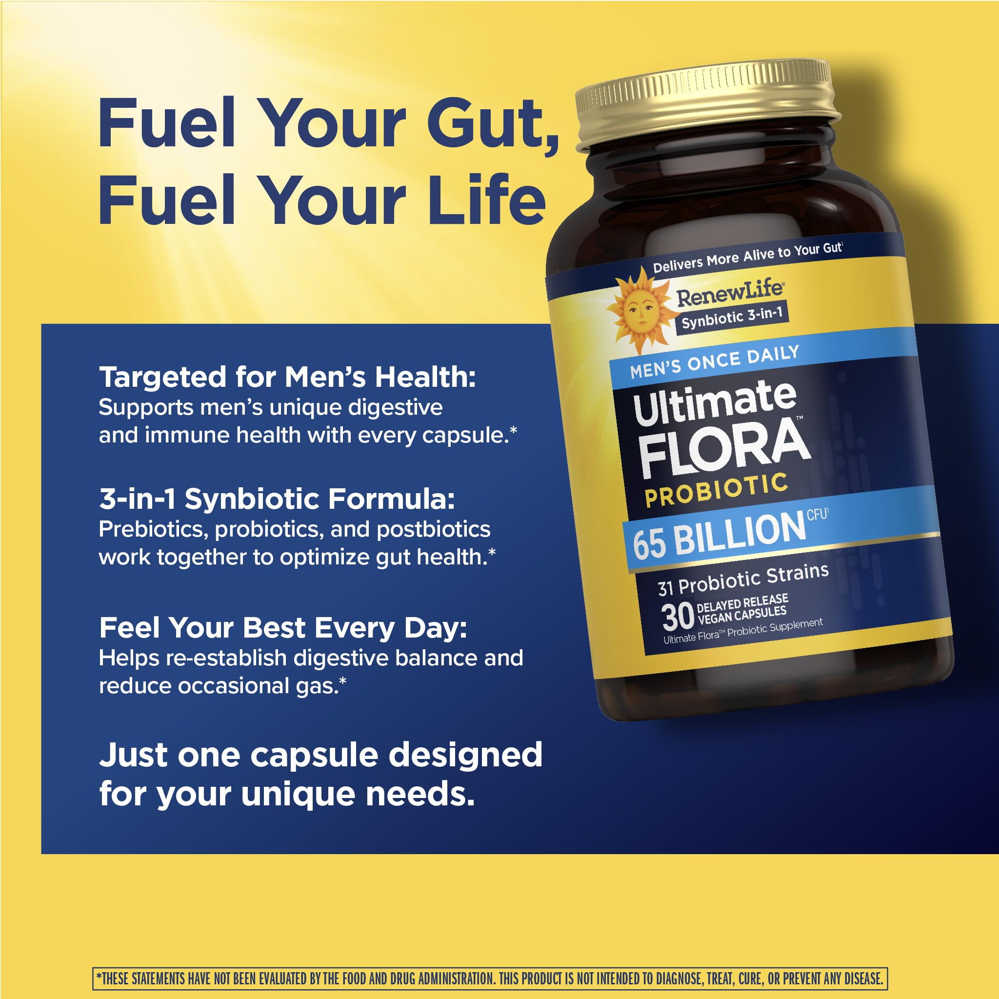 Renew Life Ultimate Flora Men 65B CFU packaging shows a 30-count supply.