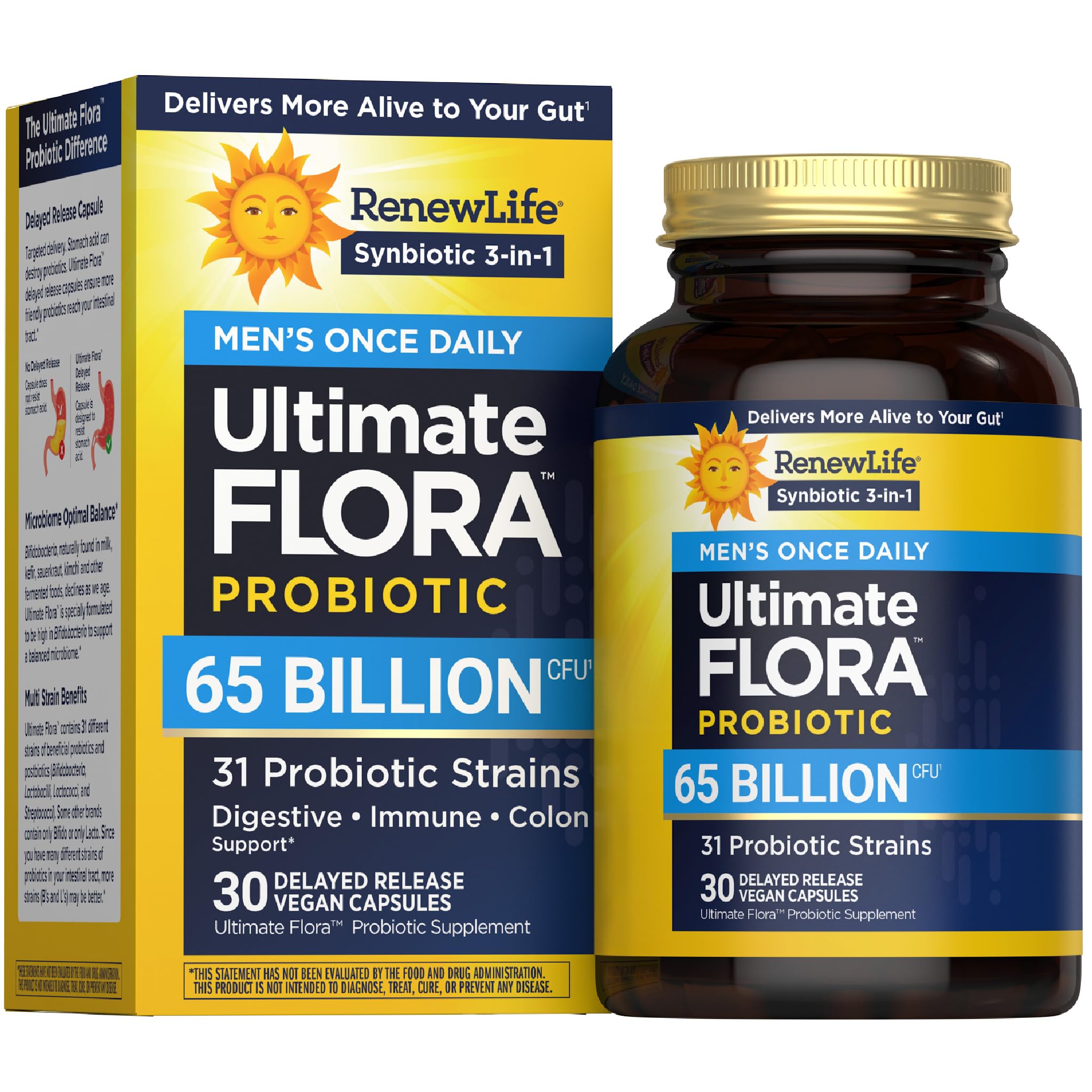 Renew Life Ultimate Flora Men 65B CFU bottle front promoting digestive balance.