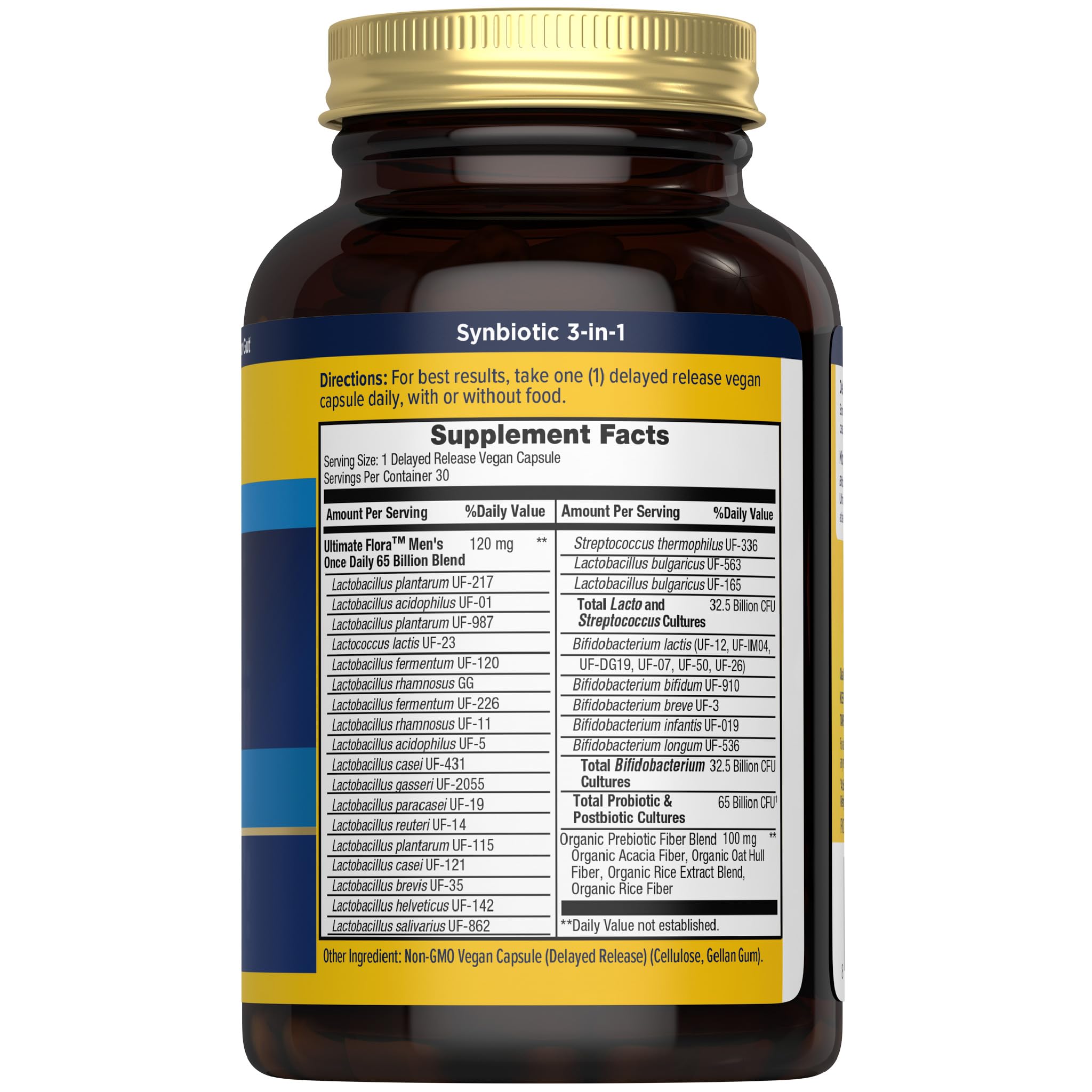 Renew Life Ultimate Flora Men 65B CFU capsules close-up showing vegan delayed-release formula.