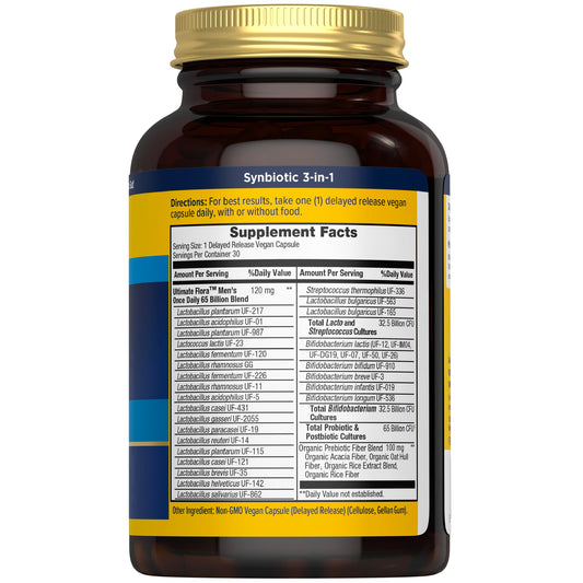 Renew Life Ultimate Flora Men 65B CFU capsules close-up showing vegan delayed-release formula.